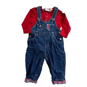Little Arizona Jean Company Vintage Baby Denim Overalls Cerise Red Shirt Set 12M